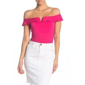 Elodie Pink Bodysuit Off the Shoulder Flutter Sleeve Top Pink SZ L New